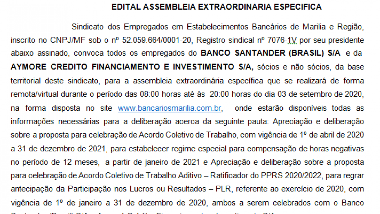 ASSEMBLEIA EXTRAORDINARIA ESPECIFICA