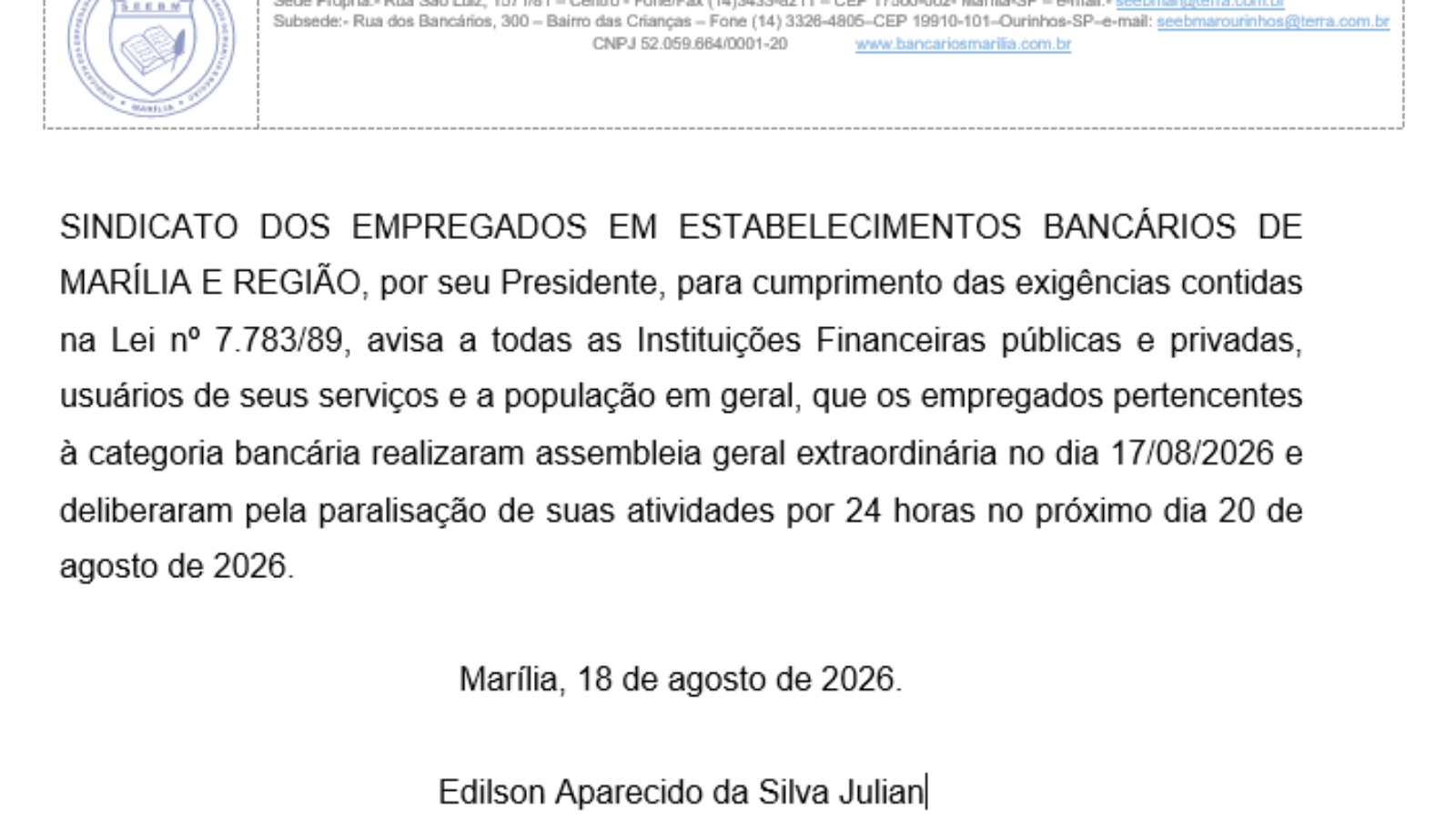 COMUNICADO PARALISAÇÃO